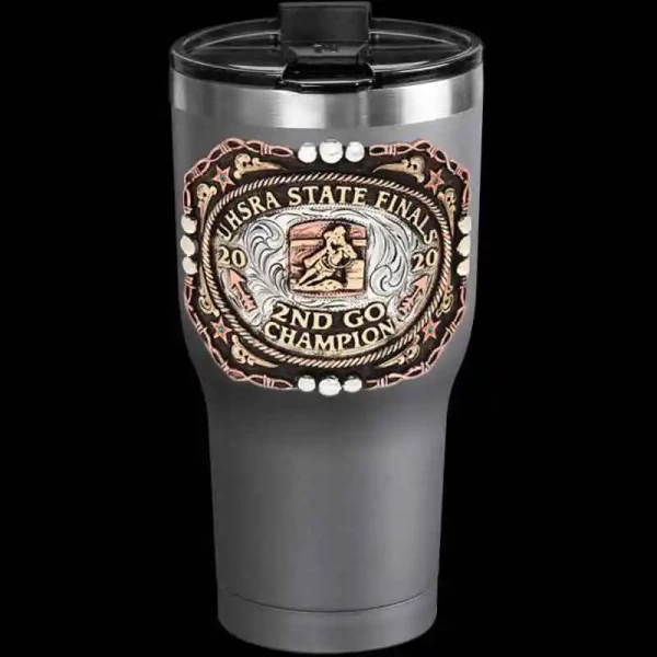 A custom tumbler made of stainless steel with a personalized engraved UHSRA logo, featuring a barrel racer figure, 30 oz, ideal for coffee or cool drinks